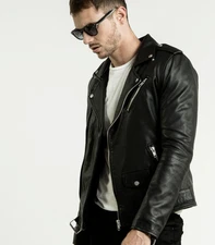 Men's Black Leather Jacket 100% Lambskin Moto Biker Coat 