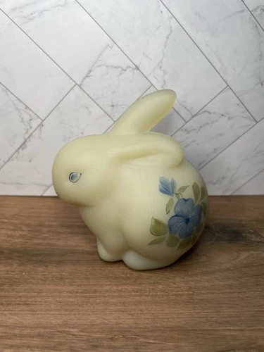 Vintage Fenton Art Glass Satin Custard Hand Painted Artist Signed Bunny Figurine