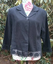 Vtg Linen Blend Black Women Pet Med Jacket Alternative Lace Button Up Slimming