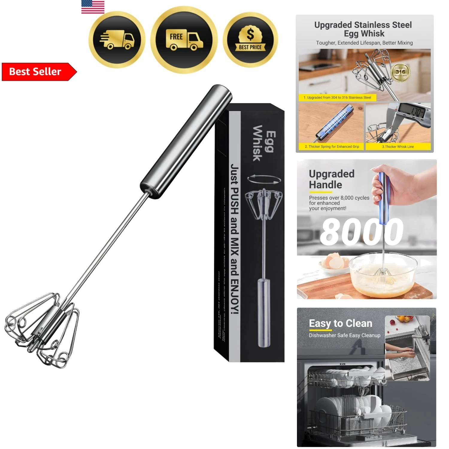 Egg Whisk Stainless Steel Hand Beater Semi Automatic 12 Inch Easy to Use
Opens in a new window or ta