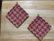 Handmade 2 Multicolor Cotton Woven Potholders 3 Colors Pink Carnation Pink Lime