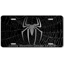 Chrome Spider Inspired Art on Spider Web FLAT Aluminum Novelty License Tag Plate