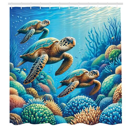 Turtle Shower Curtain, 69"W x 70"L (Pack of 1) Azure Blue Orange and Green - Picture 2 of 4