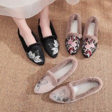 Women Embroidered Fleece Lined Shoes Chinese New Year Shoes Ethnic Slippers