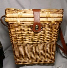 Vintage Wicker Picnic Basket with Lid and Long Leather Shoulder Strap and Fasten