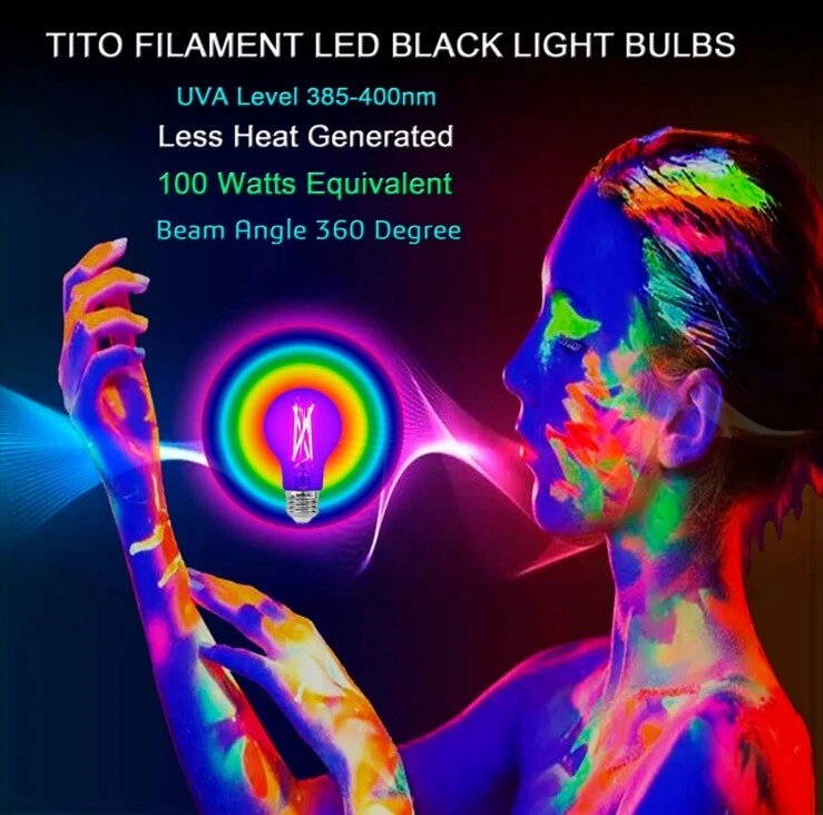 4 Pack E26 A19 Filament LED Black Light Bulbs - Image 3 of 4
