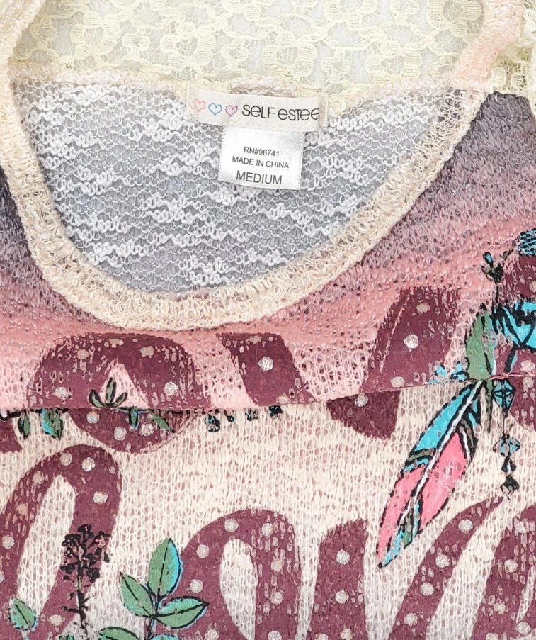 Self Esteem Girls Loose Knit Lace Pink Gray Beige Burgandy Love Love Sz M EUC - Image 3 of 3