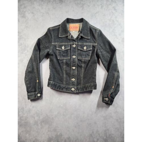 Vintage Guess Denim Jacket Youth/Girls Size Medium Black Button Up 90's Y2K Jean - Picture 1 of 10