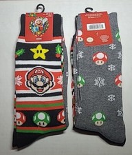 2 NEW PAIRS SUPER MARIO  MUSHROOM CHRISTMAS CREW SOCKS - SHOE SIZE 6.5-12 A1 