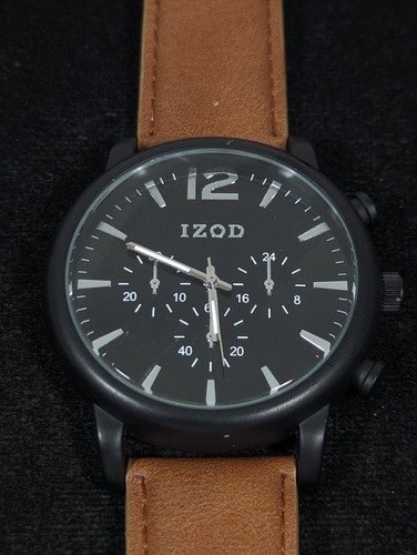 Izod Mens Black Dial Round Case Brown Faux Leather Band Watch 8 Inch