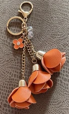 FLORAL ORANGE LEATHER ROSE TASSELS CRYSTAL GOLD FLOWER BAG PURSE CHARM KEY CHAIN