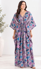 Indian Cotton Gray Kaftan Womens Clothing Dress Butterflies Print Caftan 50 inch