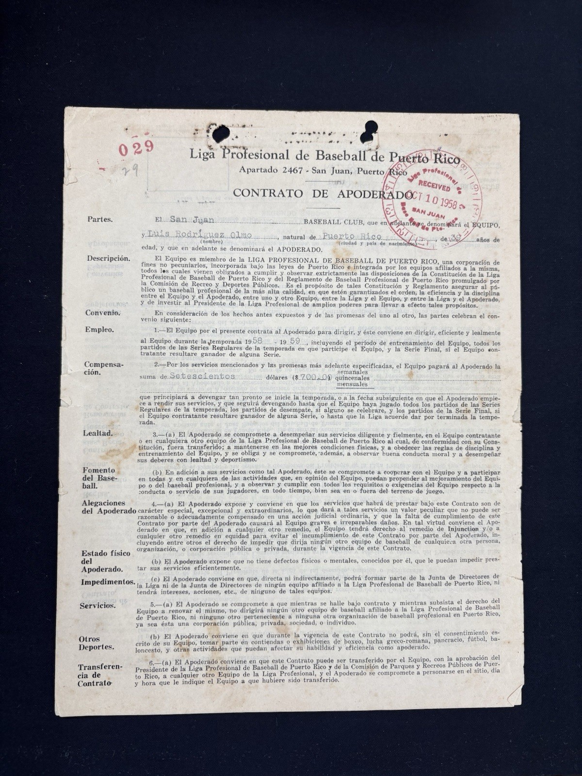 L@@K PUERTO RICO CONTRACT  1958-59 BASEBALL  LUIS RODRIGUEZ OLMO SIGNED