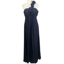 Bill Levkoff Navy Blue One Shoulder Rosette Chiffon Formal Gown Dress Womens 10