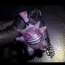 Gengar Pokemon pendant necklace purple chain shiny cubic zirconia 