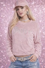 Juicy Couture Velour Sweatshirt Womens L Rhinestone Logo Light Pink Bling Y2K