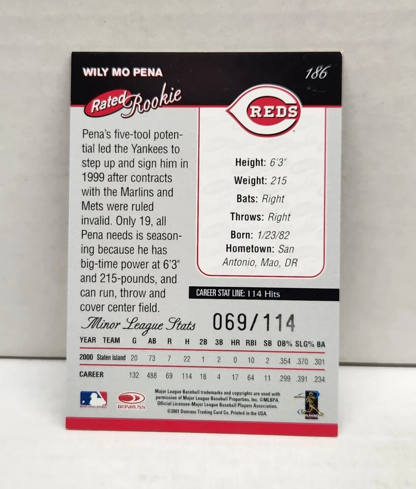 WILY MO PENA 2001 Donruss CAREER STAT LINE ~ Yankees Reds ~ ROOKIE #'d /114 - Image 2 of 2