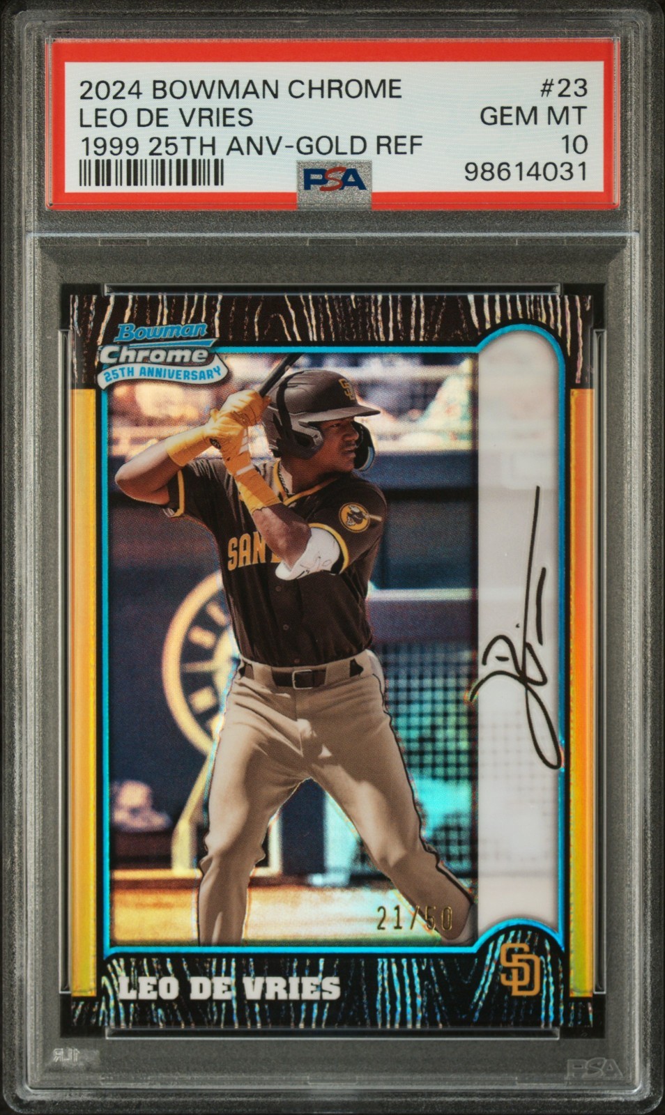 2024 Bowman Chrome Leo De Vries /50 True Gold Refractor 25th Anniversary PSA 10