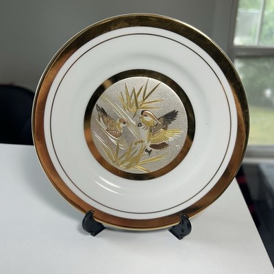 Art of Chokin 6  Porcelain Plate 24K Gold Edge w Stand Made in Japan Birds Morif