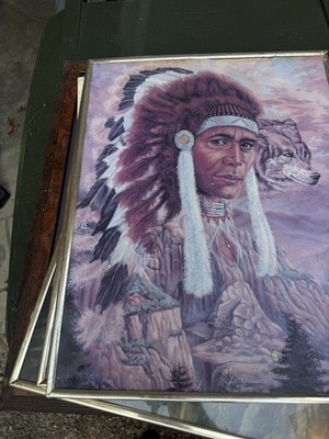 James Lee Foster Framed Native American Wolf Headdress Mountain Art Print Signed