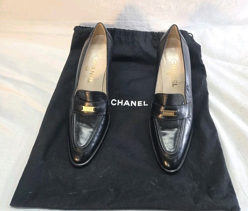 *Vintage Chanel Damen 39,5 Schwarz Leder Halbschuhe Pumps Heels GUC