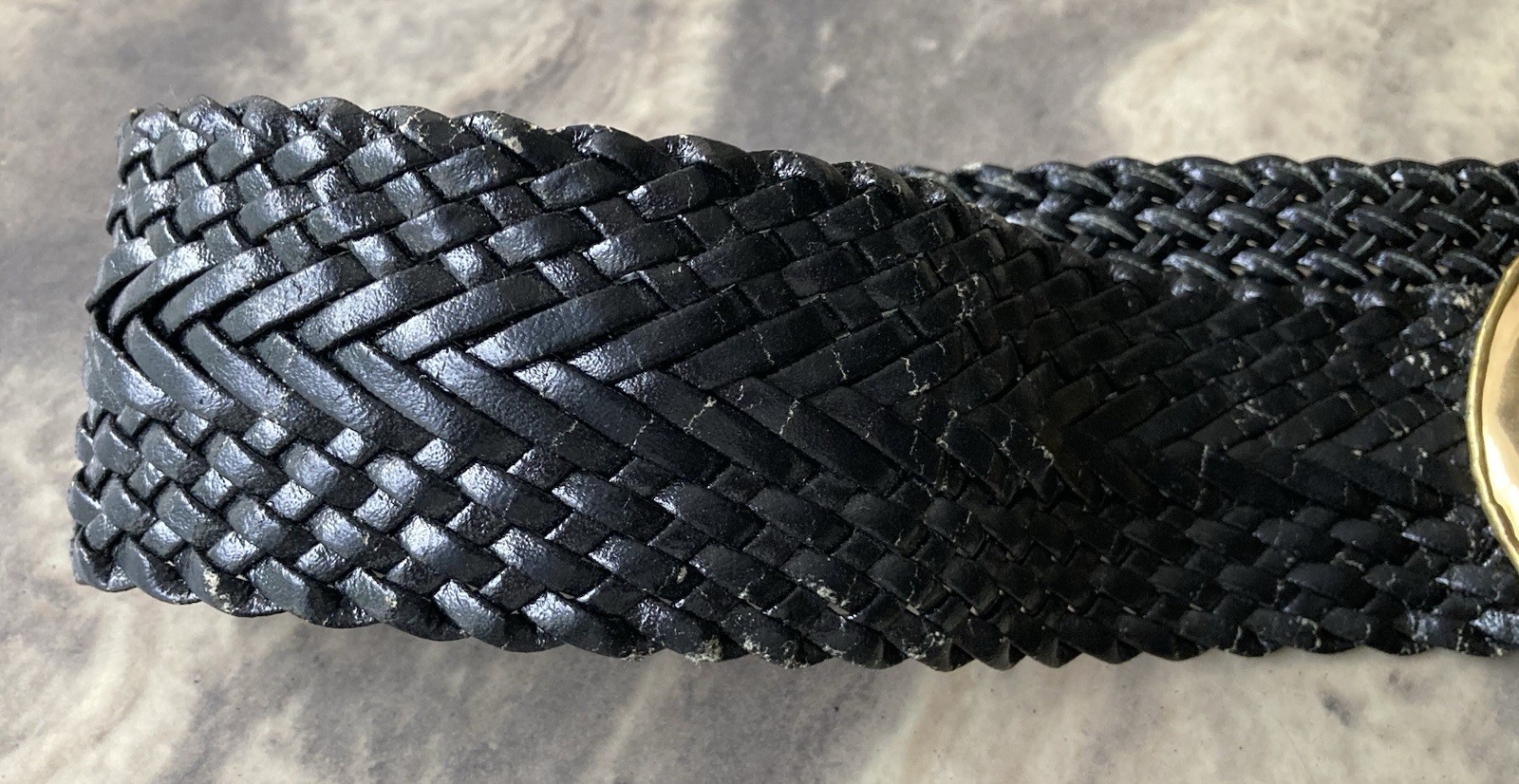 RARE-VTG Black Braided Leather Belt Large Metal Buckle Faux Gems Retro-2.5" Wide image 5