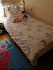 White Wooden Single Bed Frame for Child 14yo, Headboard & Top Quality Mattress