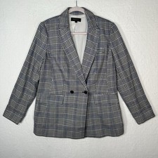 Talbots Plaid Blazer Jacket Womens 12 Blue Grey Double Breasted Light Academia