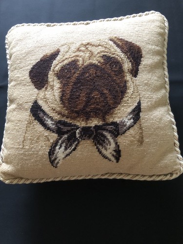 Lois Wool Needlepoint Pug Dog W/bow Tie Collar Pillow 