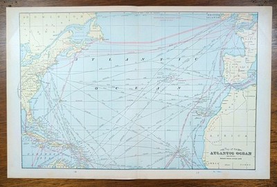 Vintage 1903 ATLANTIC OCEAN Map 22''x14'' ~ Old Antique Original BERMUDA ISLANDS