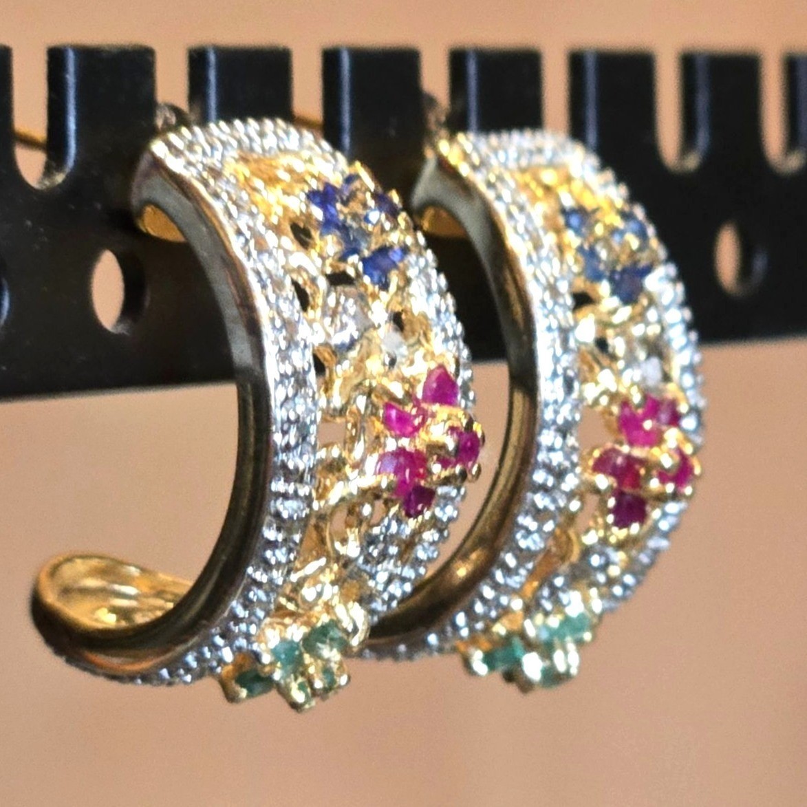 Emerald Ruby Sapphire Earrings Diamond Flower Hoo… - image 9