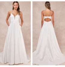 New Lulus Exceptional Passion White Satin Cutout Maxi Dress With Pockets Size XL