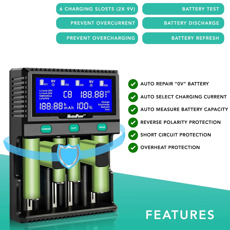 Carregador de bateria inteligente MaximalPower para bateria recarregável 9V AA AAA C D 26650 - Imagem 3 de 4