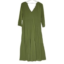 Zara M Womens Tiered Textured Midi Dress Olive Green V Neck Breathable Comfort
