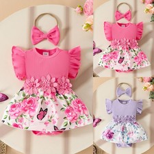 2PCS Newborn Baby Girls Floral Bowknot Frill Sleeveless Bodysuit Romper Dress