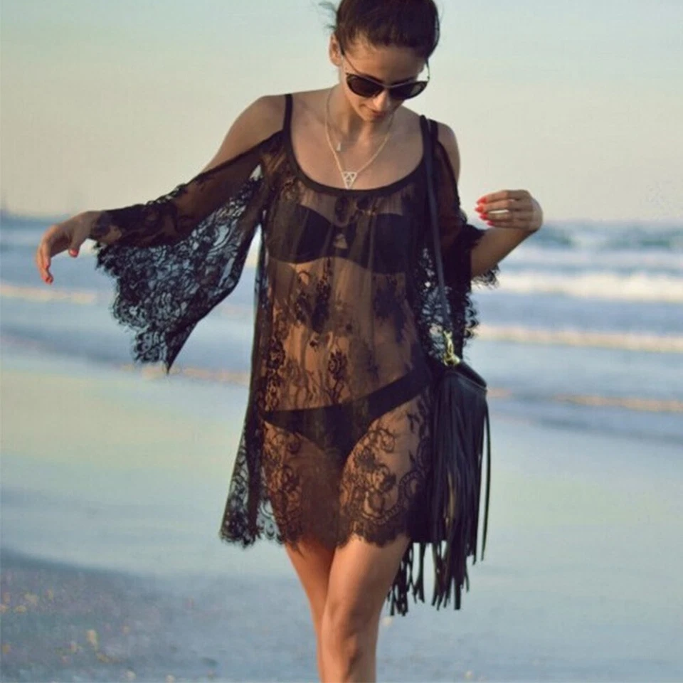 Bademode Damen Bikini CoverUp Vertuschung Kimono Bluse Spitze Strand Minikleider - Bild 4 von 4