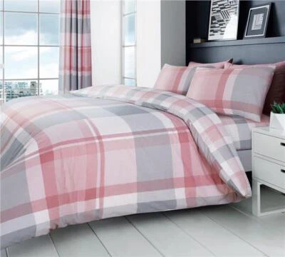 Pink bedding duvet set check quilt cover pillow cases modern grey & blush tartan