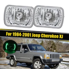 7x6 5x7 Pair Green LED Chrome Headlights Sealed For 1984-2001 Jeep Cherokee XJ