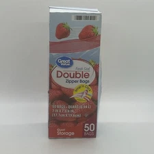Great Value Double Zipper Quart Fresh Seal Storage Food Bags Snap n click 46ct..