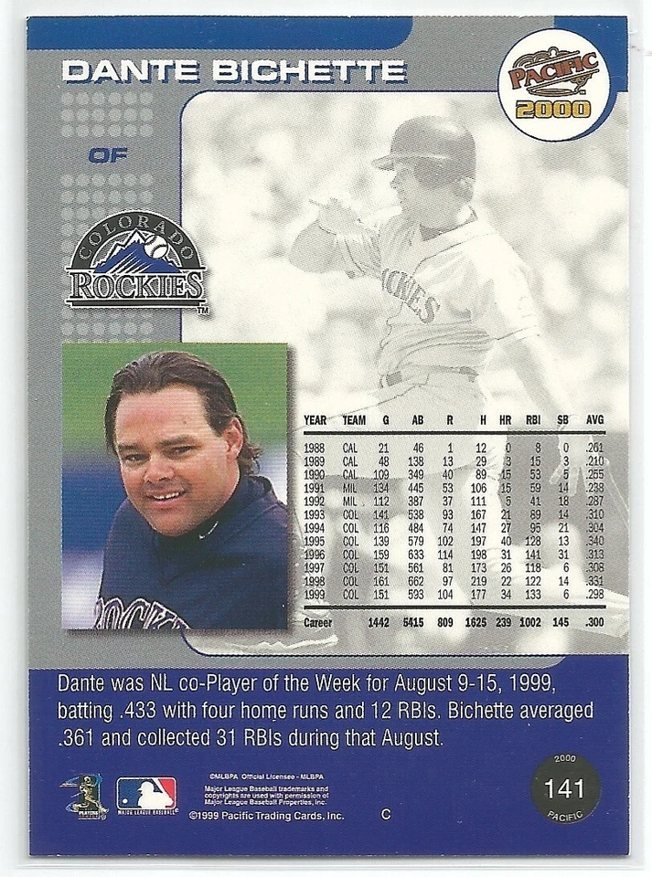 2000 Pacific Baseball Dante Bichette #141 Emerald Green Parallel 07/99 - Image 2 of 2