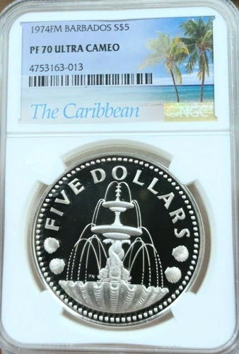 1974 BARBADOS SILVER 5 DOLLARS TRAFALGAR FOUNTAIN NGC PF 70 ULTRA CAMEO PERFECT