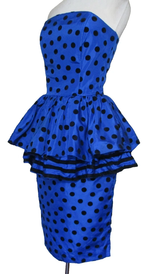 Vintage Leslie Lucks Blue Black Polka Dot Peplum Dress XS/S Women Strapless - Image 2 of 4