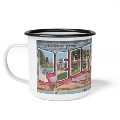 Peoria Ill Travel Camp Mug ~ Vintage Large Letter Illinois Postcard Design