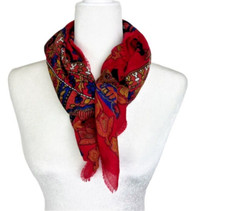 Challis by Berkshire Scarf Red Geometric Floral Print Acrylic Japan Made Vintage