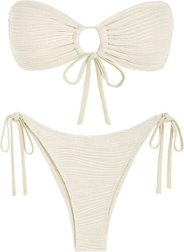Women's Bandeau Bikini Set Tie Side Swimwear 0 Ring Cinched Strapless, Size S - Picture 3 of 6