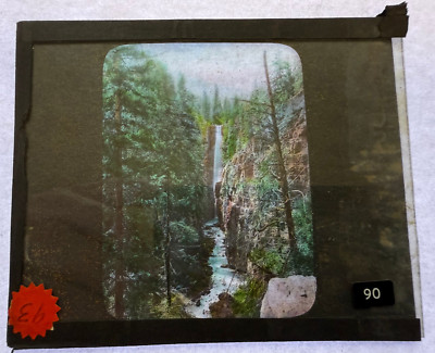 COLORED MAGIC LANTERN SLIDE WATERFALL STREAM & CANYON VIEW COL.? 1890s