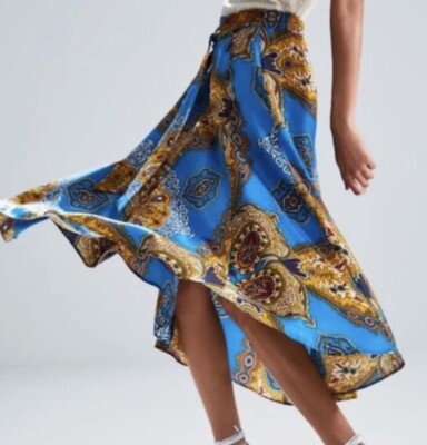 ZARA blue and gold Paisley Print Satin Midi Skirt NWT