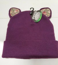 Pugs Ear Knit Winter Hat-Purple W/Flower Ears