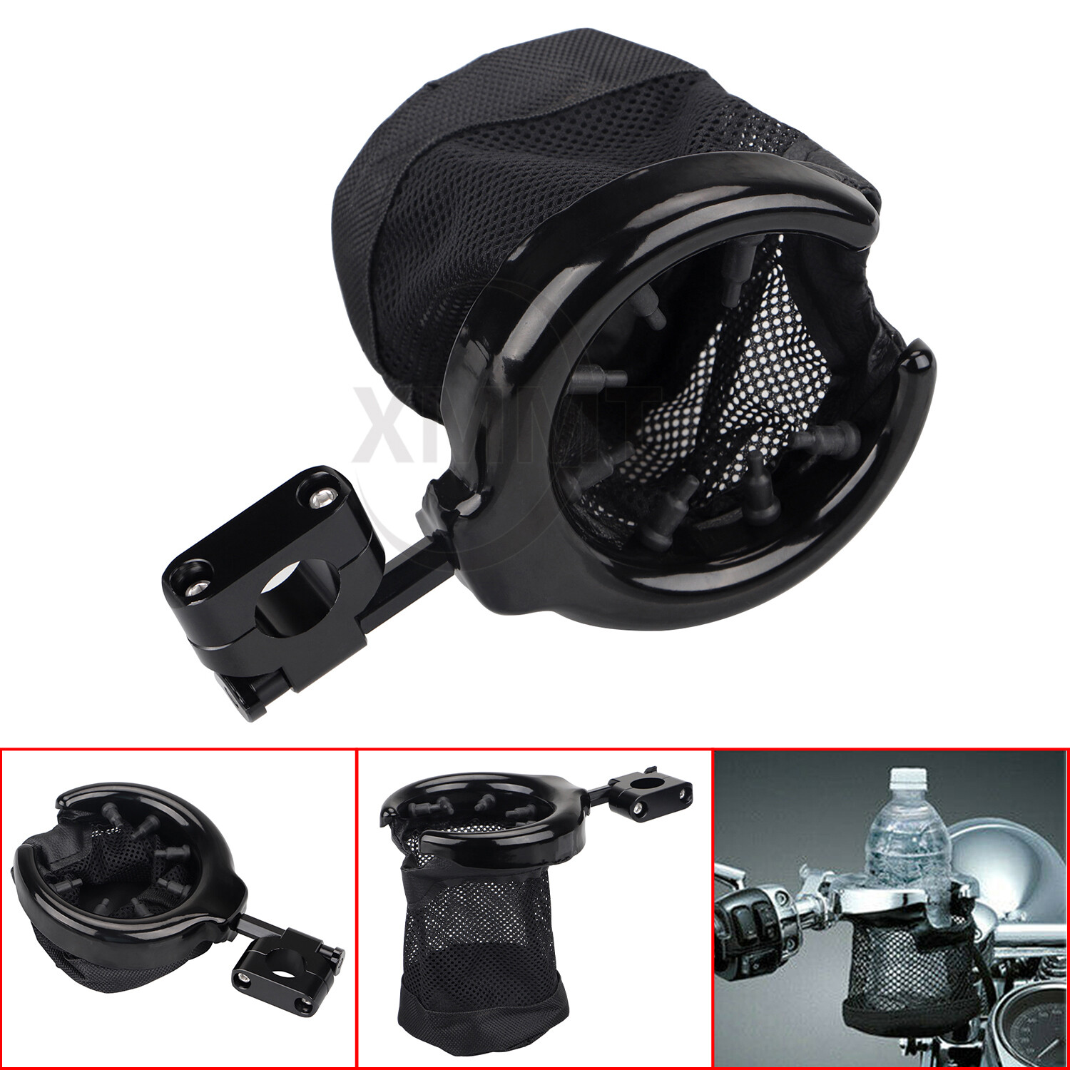 Motorcycle Handlebar Cup Holder Drink W/ Mesh Basket Mount Universal