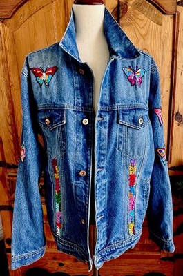 Hand Embroidered Oaxaca Denim Jacket-11 Butterflies-Boho Artisan Wearable Art-L